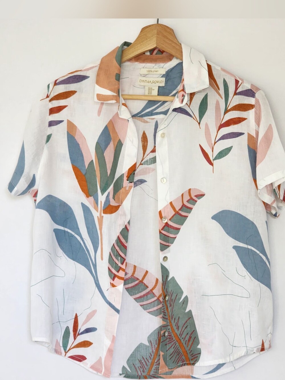Cynthia Rowley Tropical Print 100% Linen Button-Up — White Multi Size Xs